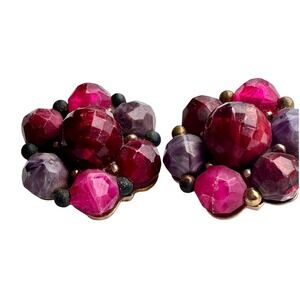 Vintage Kramer of New York Red Purple Faceted Bead Cluster Clip On Earrings